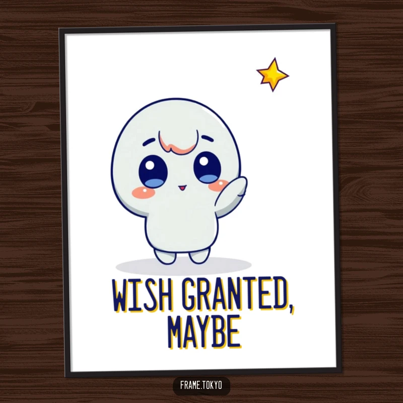 Funny star gazer digital art print of a character with wide eyes pointing at a glowing falling star, evoking awe.