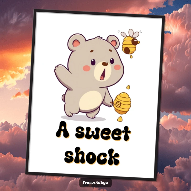 Funny bear digital art print of a surprised bear comically chasing a floating, dripping beehive with humorous intensity.