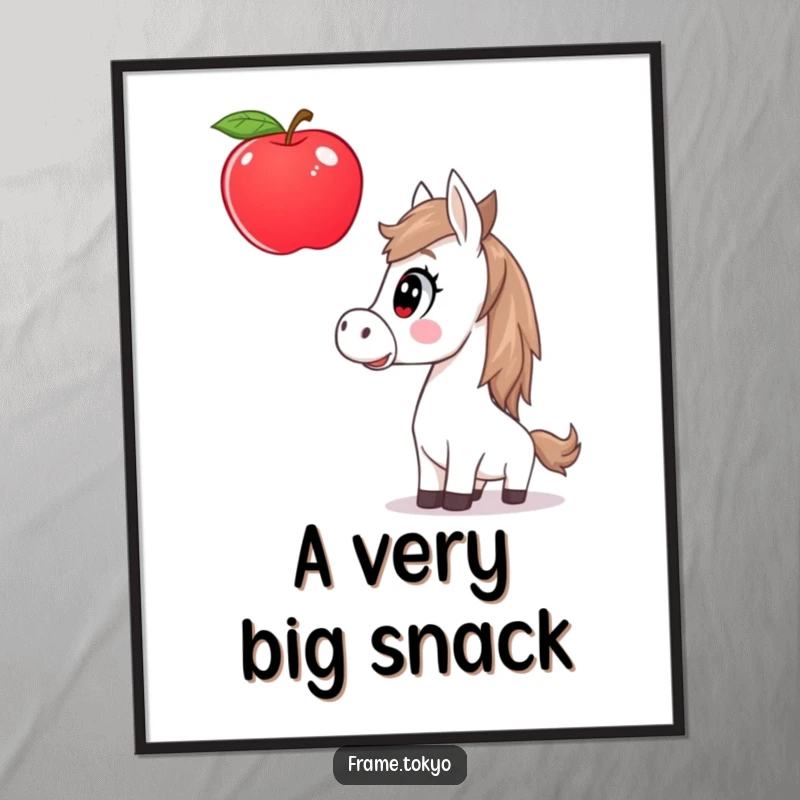 Funny horse digital art print of a surprised horse staring at a giant, floating apple, perfect for whimsical wall decor.