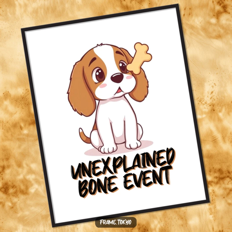 Funny Spaniel Digital Art print of a spaniel with a shocked expression looking up at a floating bone treat, ready to download.