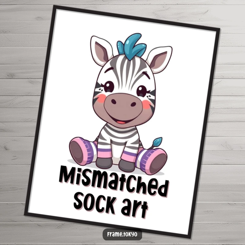 Funny zebra with a wide silly grin, wearing oversized, mismatched socks, a humorous and high-quality digital print.