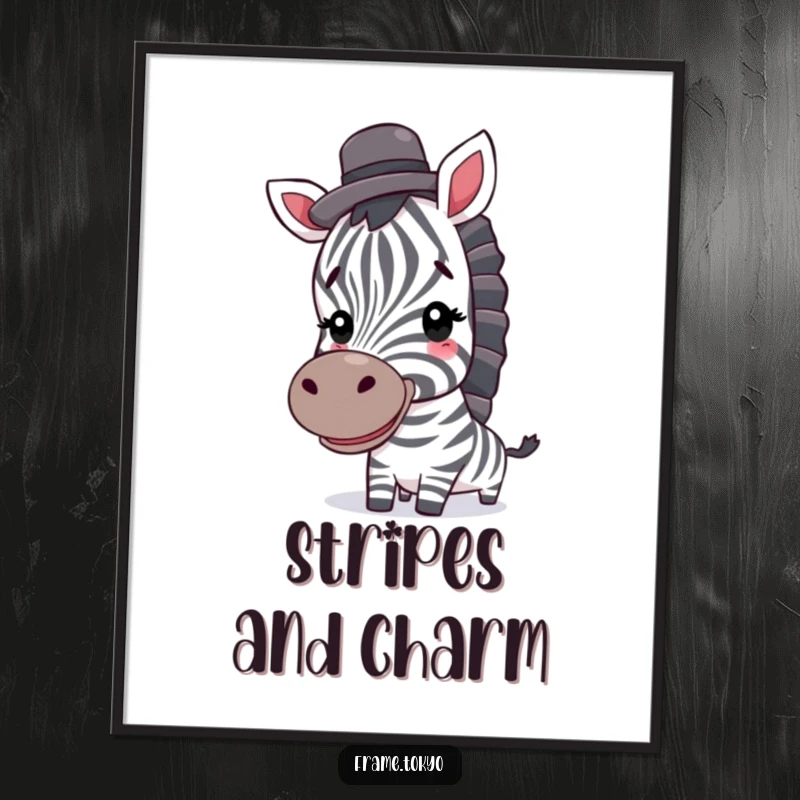 Funny zebra digital art print; a smiling zebra with a top hat, ready to add cheerful, stylish humor.