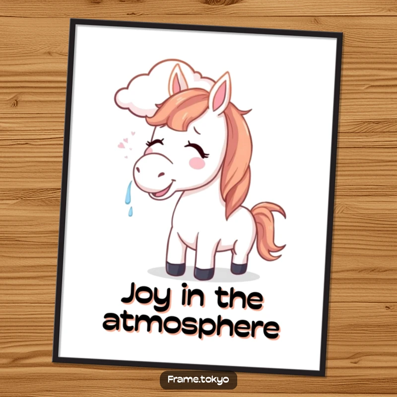 Funny horse digital art print of a joyful horse with tears, its mane blown by a smiling cloud, perfect for calm decor.