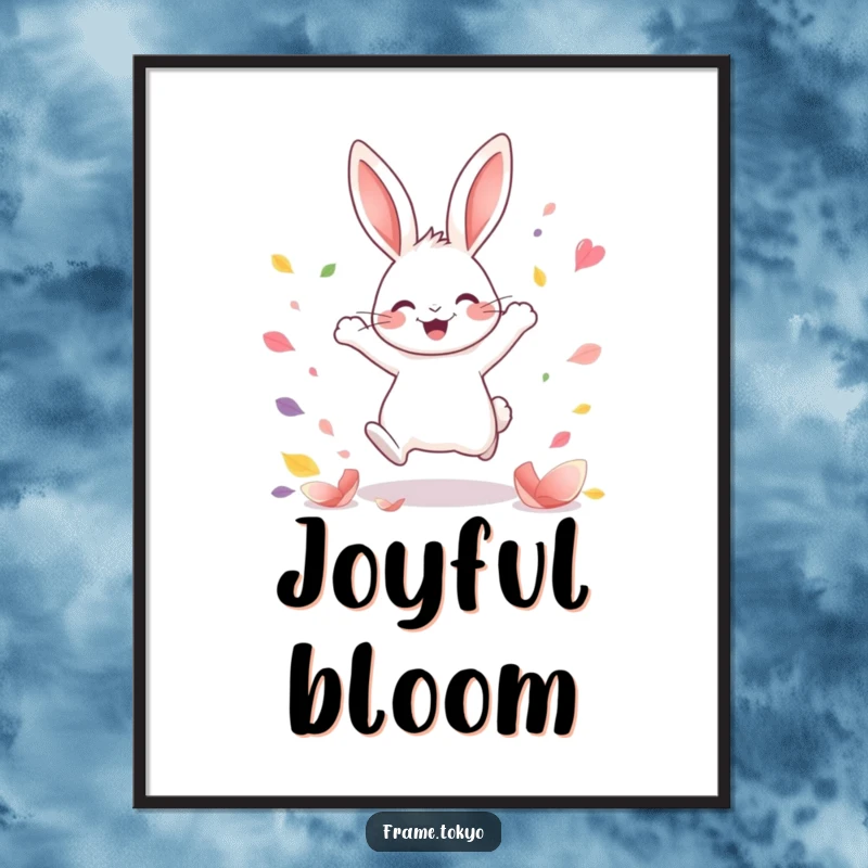 Funny Kawaii rabbit digital art print of a joyful rabbit leaping amidst colorful petals, printable wall decor with humor.