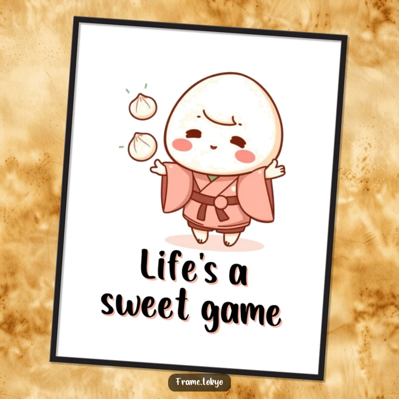 Funny mochi character in a kimono juggling three small dumplings, as a downloadable digital art print.