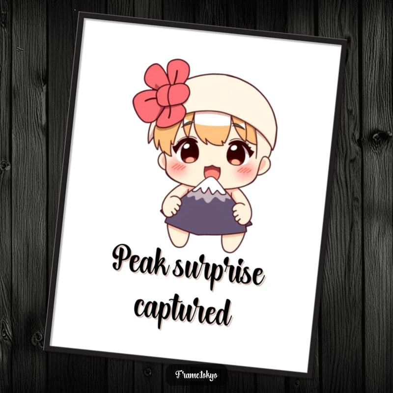 Funny digital art print of a surprised character clutching a miniature Mount Fuji, perfect for humorous wall decor and instant downloads.