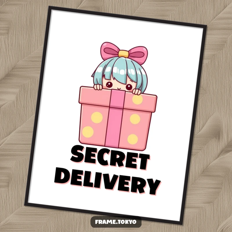 Funny Digital Art Print of a character peeking from behind a large, colorful gift box, offering instant humor and charm.