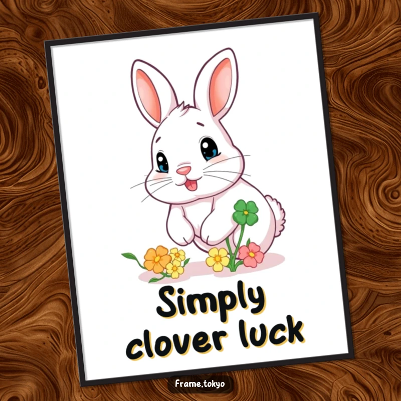 Funny digital art print of a rabbit with a twitching nose, playfully chasing a large, bouncing, colorful clover.