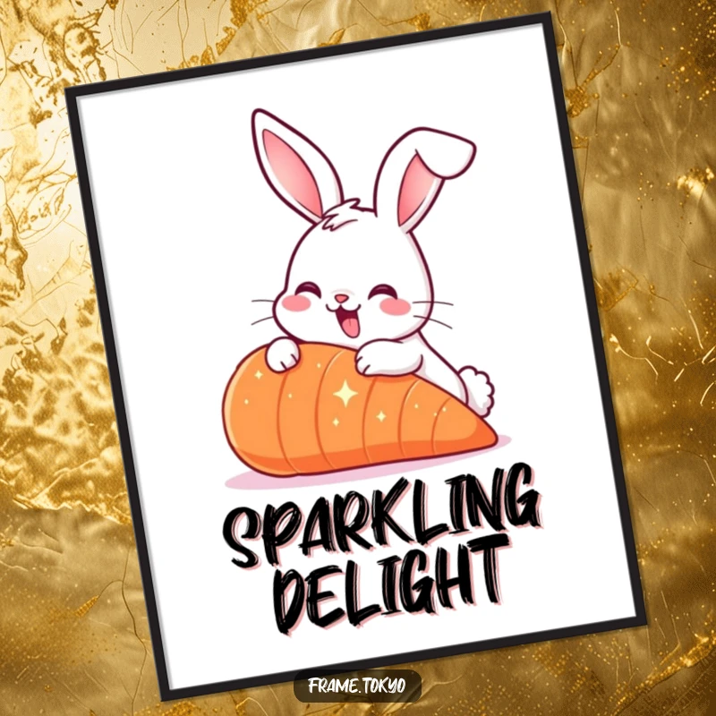 Funny Smiling Rabbit Digital Art Print with long ears, nibbling a giant sparkling carrot, for instant whimsical humor.