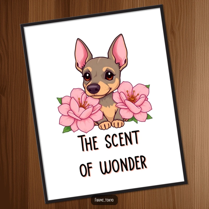 Funny pinscher digital art print capturing a dog with a curious head tilt, sniffing giant, sweet-smelling flowers with gentle fascination.