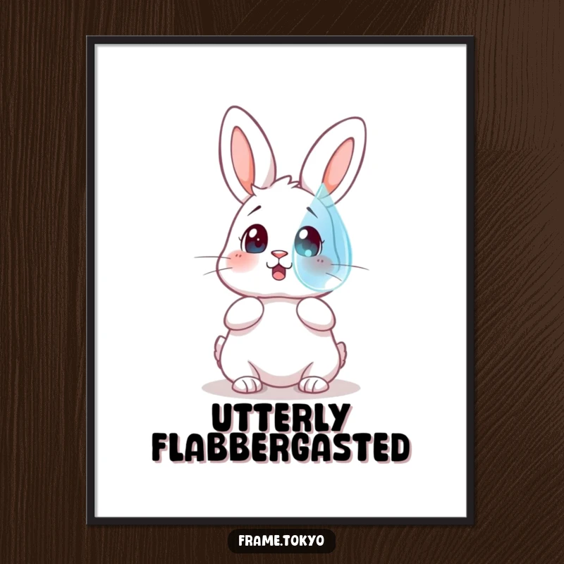 Funny digital art print of a rabbit with a surprised expression looking up at a giant, floating dewdrop.