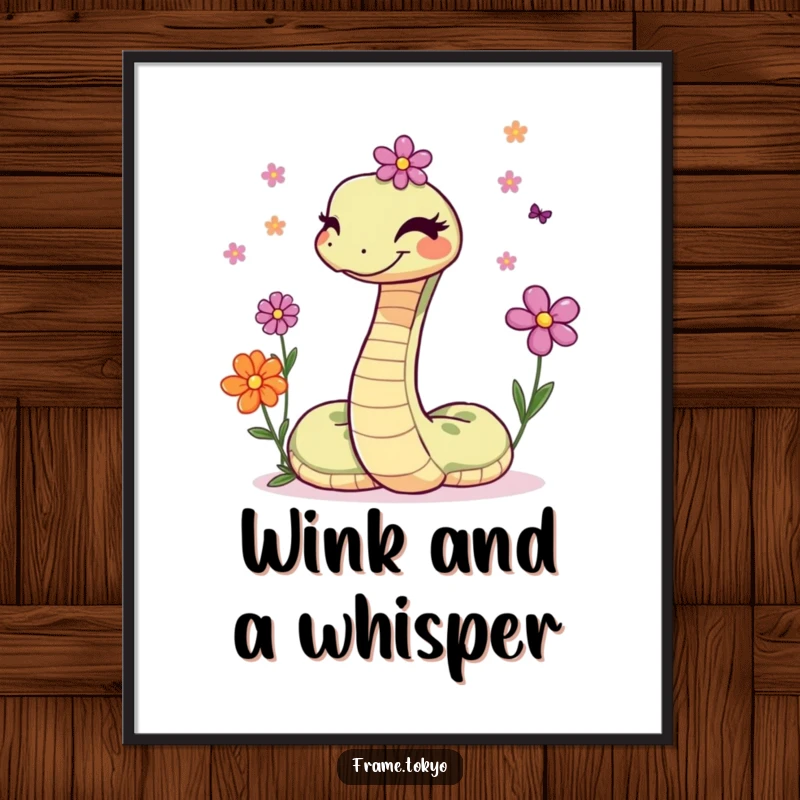 Funny digital art print of a charming snake winking playfully while juggling a beautiful assortment of small, colorful flowers.