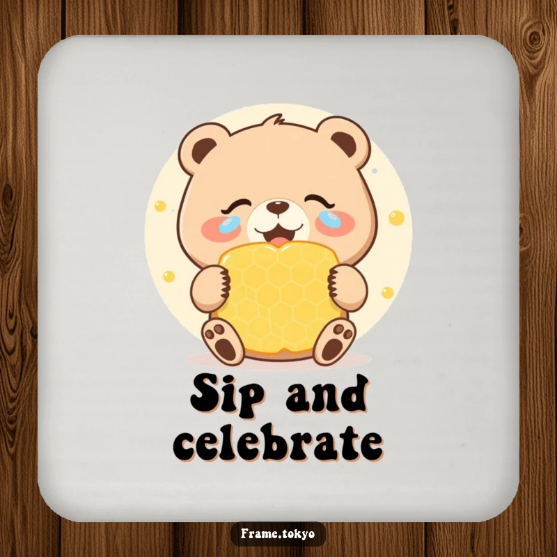 Funny coasters featuring a bear with joyous tears celebrating a giant, sweet honeycomb, protecting surfaces with sweet, humorous charm.