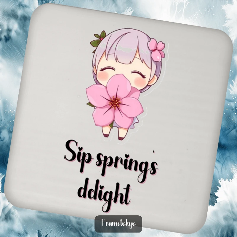 Funny Drink Coaster: A character with an open smile holds a beautiful cherry blossom, adding humor.