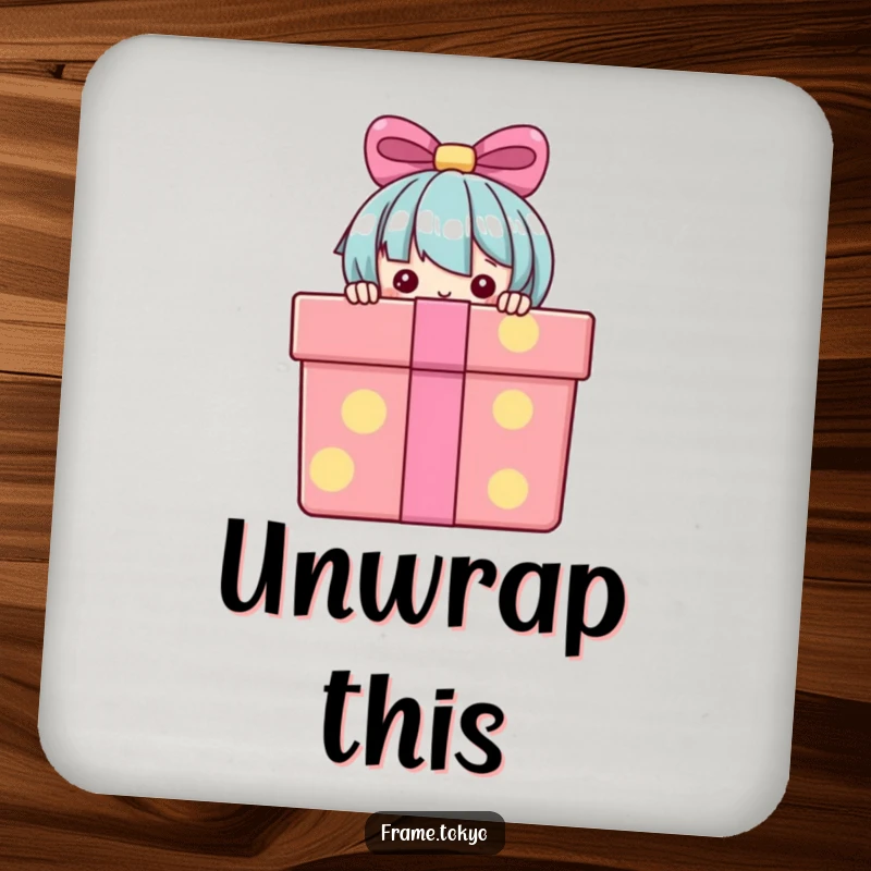 Funny Drink Coasters featuring a character peeking from behind a gift box, protecting surfaces with a hint of mystery.