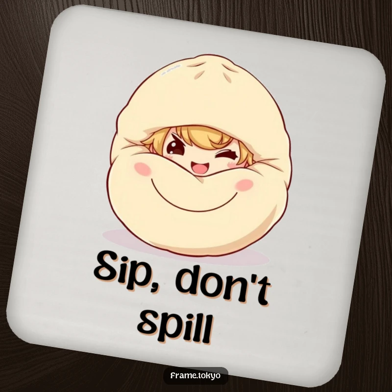 Funny dumpling sneak coasters featuring a character with a mischievous grin peeking from behind a large, smiling dumpling.
