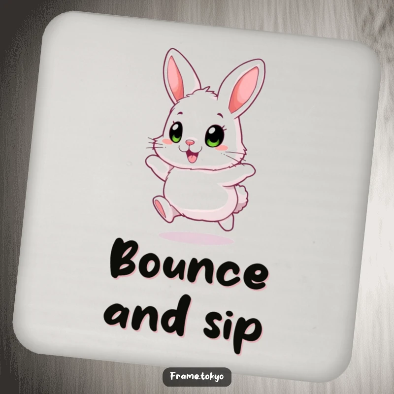 Funny Fluffy Rabbit Coaster with big, excited eyes, joyfully hopping, for tabletop happy humor.