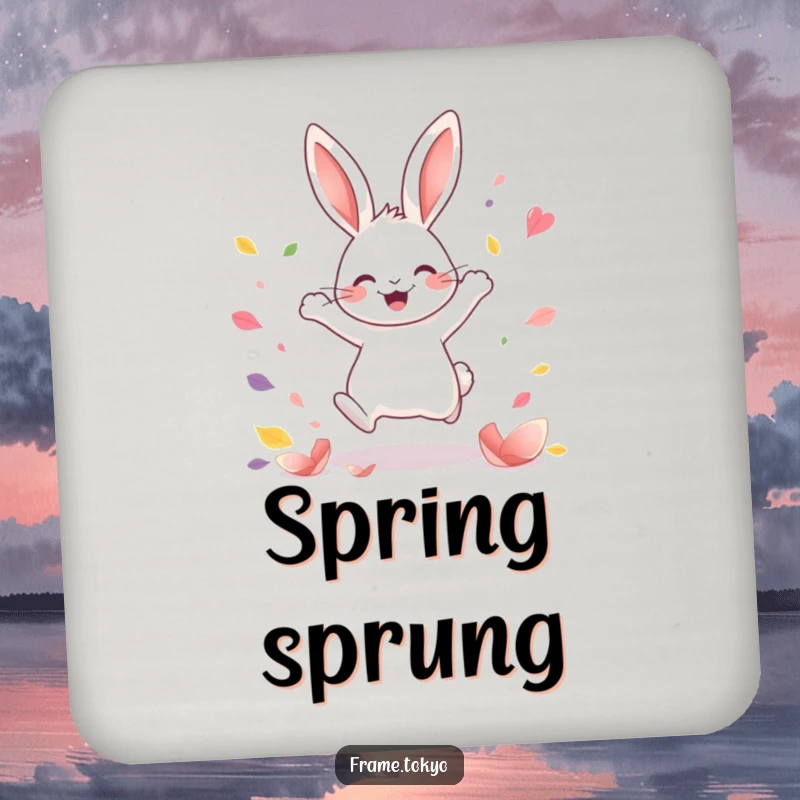 Funny Kawaii rabbit drink coasters showing a joyful rabbit leaping amidst colorful petals, protecting surfaces with humor.