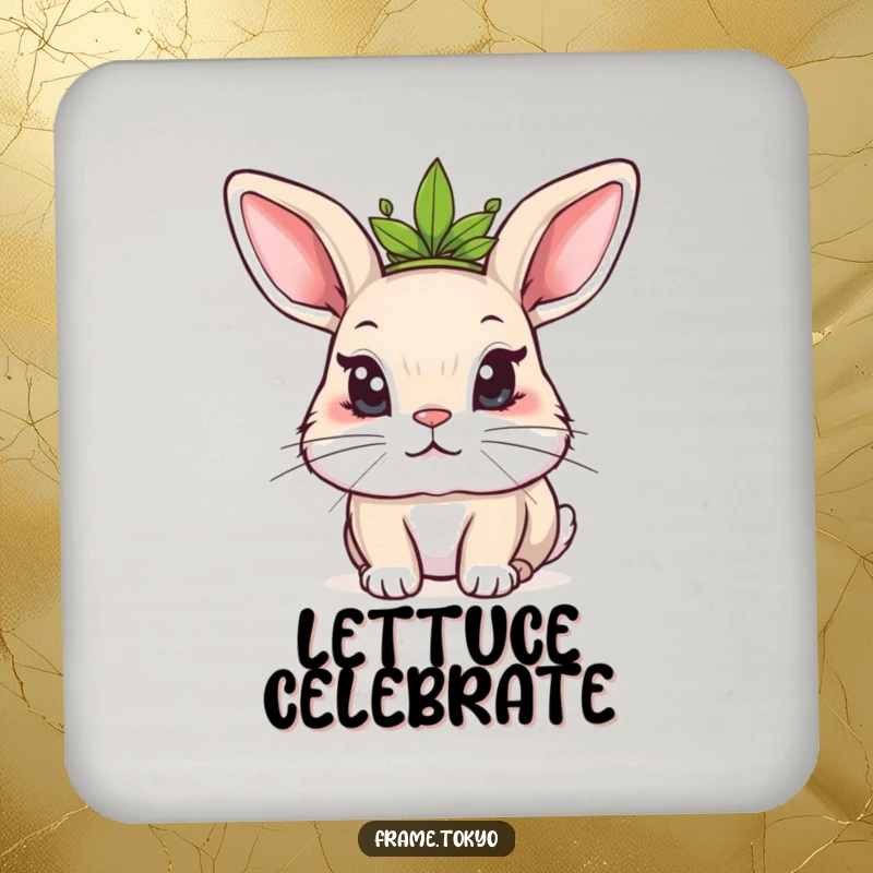 Funny Kawaii rabbit drink coasters showing a mischievous rabbit wearing a leafy crown, protecting surfaces with humor.