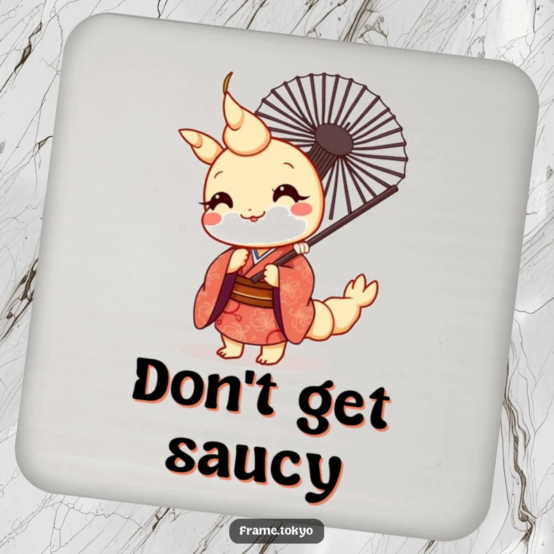 Funny kawaii tempura shrimp in a patterned kimono peeking from behind a fan, on a drink coaster.