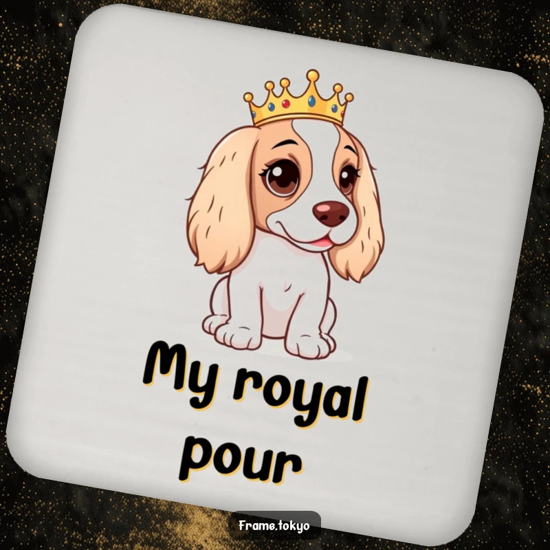 Funny Spaniel Coaster showing a spaniel with a mischievous expression and a tiny crown, protecting surfaces with sass.