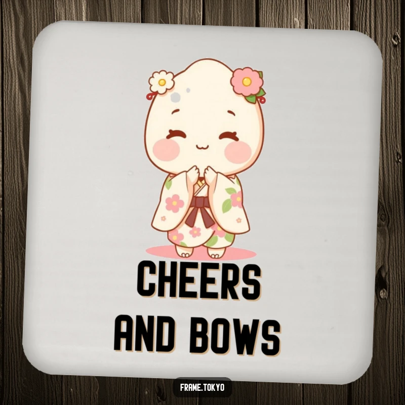 Happy mochi character in a kimono bowing gracefully, adorning this protective and amusing drink coaster.