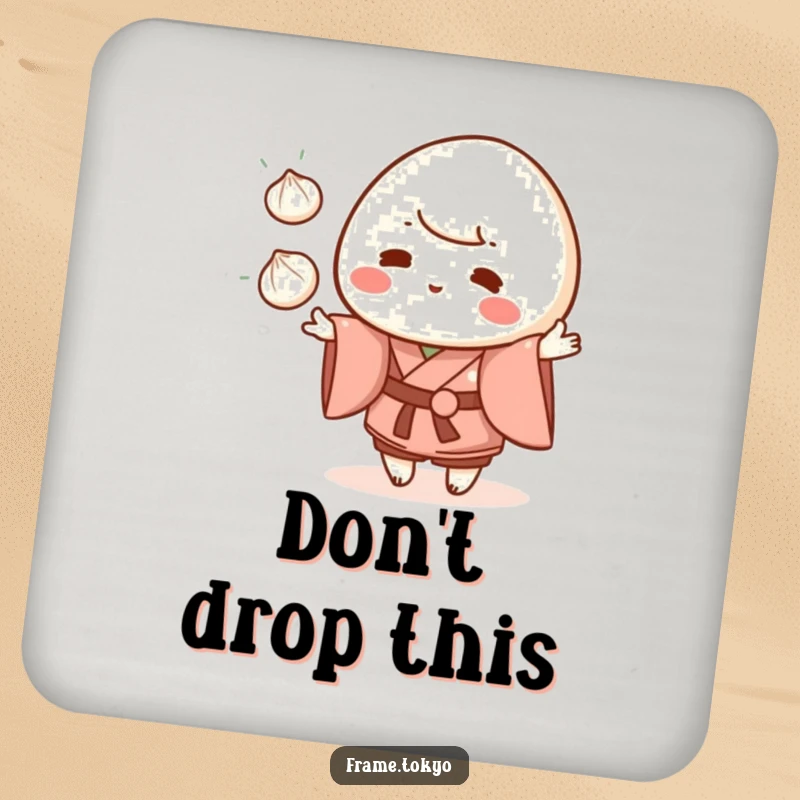 Funny mochi character wearing a kimono, juggling three small dumplings, on a decorative drink coaster.