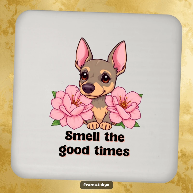 Funny pinscher drink coaster showing a dog with a curious head tilt, sniffing giant, sweet-smelling flowers with gentle interest.