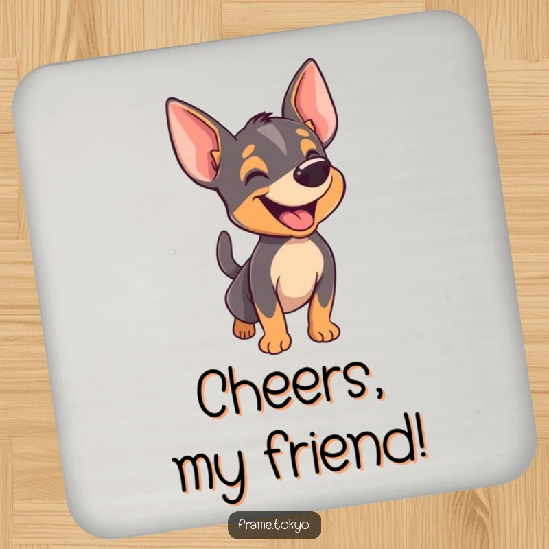 Funny pinscher drink coaster showing a dog happily barking with its tail wagging furiously, adding joy to tabletops.