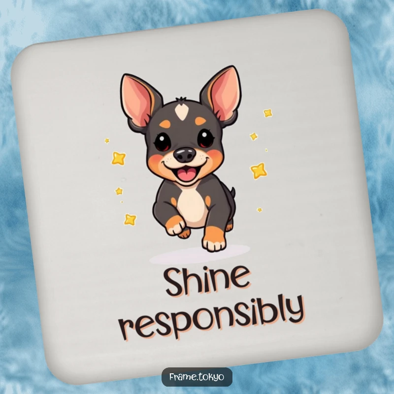 Funny pinscher dog coaster, mid-pounce, scattering a sprinkle of little, shiny stars. Protects surfaces with humor.