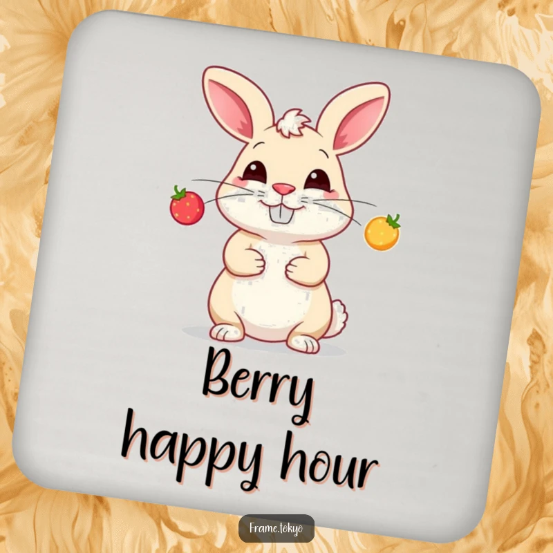 Funny coaster design with a rabbit, sporting a silly grin, juggling three tiny, glowing berries.