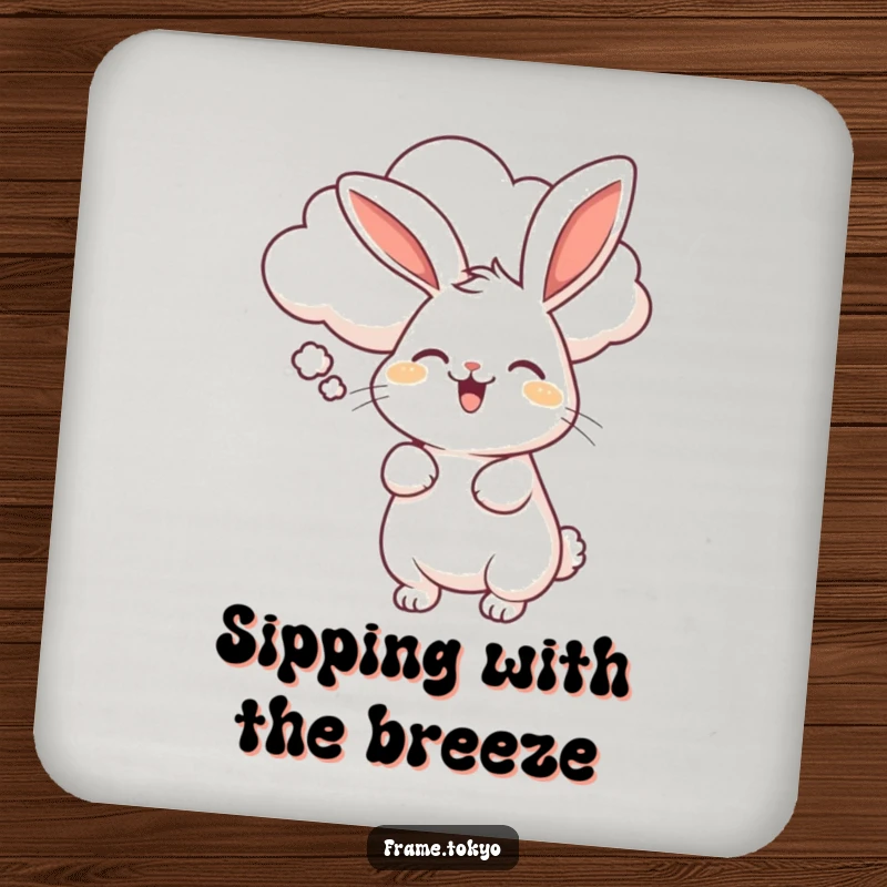 Funny coaster design with a rabbit doing a happy wiggle, being gently blown by a smiling, fluffy cloud.