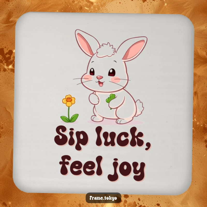 Funny drink coaster featuring a rabbit with a twitching nose, playfully chasing a bouncing, colorful clover.