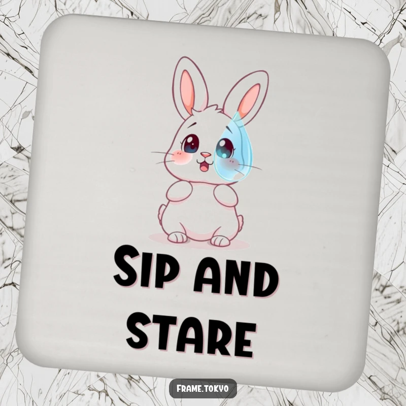 Funny drink coaster showing a rabbit with a surprised expression looking at a large, floating dewdrop, perfect for tables.