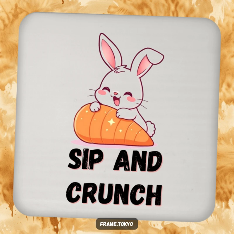 Funny Smiling Rabbit Coaster with long ears, nibbling a giant sparkling carrot, for tabletop whimsical humor.