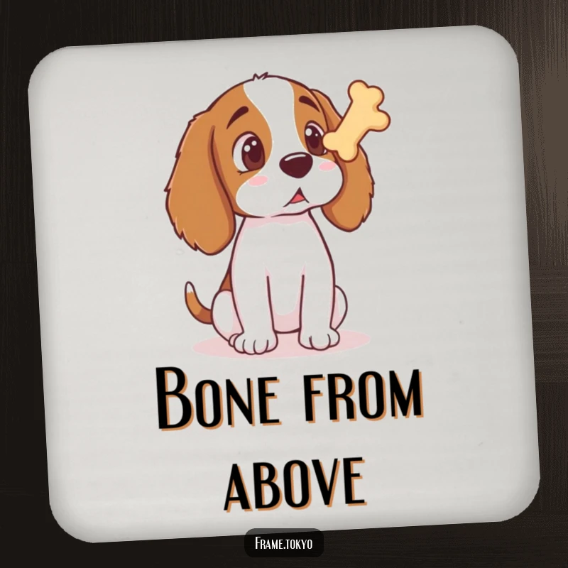 Funny Spaniel Coaster featuring a spaniel's incredulous face staring at a floating bone treat, protecting your surfaces humorously.