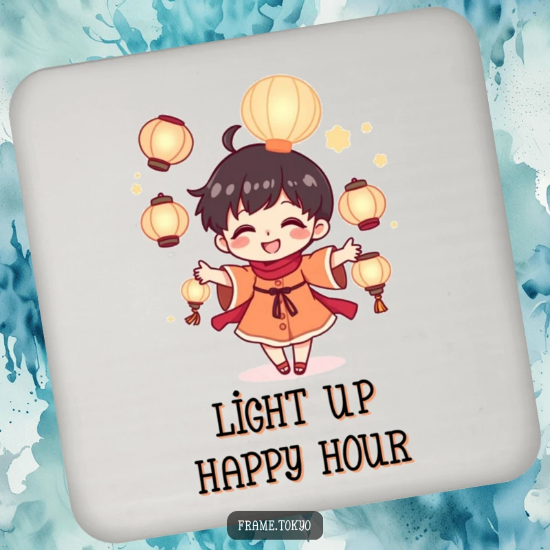 Funny tiny juggler coasters featuring a joyful character juggling bright glowing lanterns, adding a magical touch.