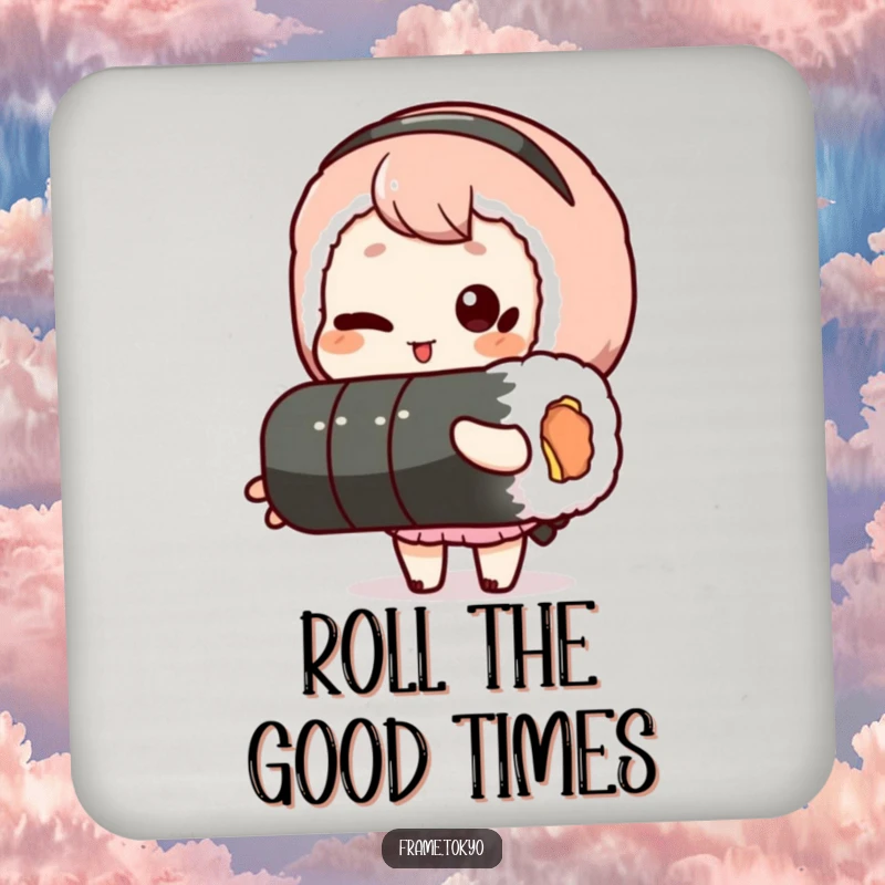 Funny drink coaster featuring a winking character holding a long sushi roll, adding humorous and playful charm to tabletops.