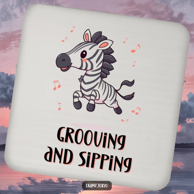 Funny zebra leaping with abstract musical notes scattering, a vibrant and hilarious drink coaster.