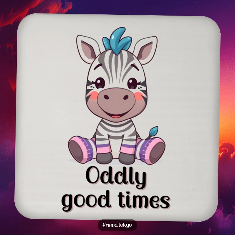 Funny zebra with a silly grin, wearing oversized, mismatched socks, depicted on a humorous drink coaster.