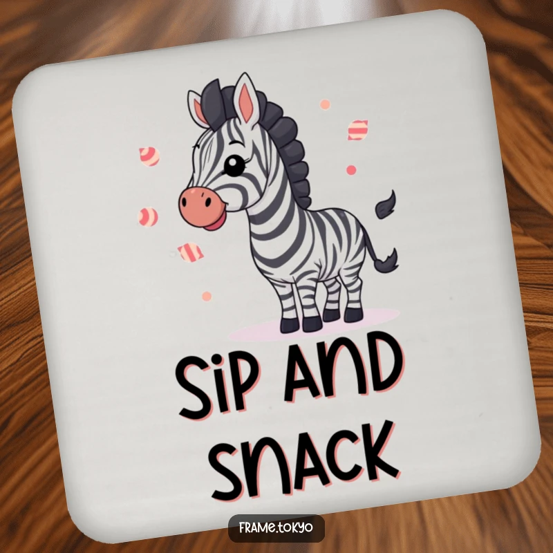 Funny zebra joyfully waving and juggling small striped candies, a cheerful and humorous drink coaster.