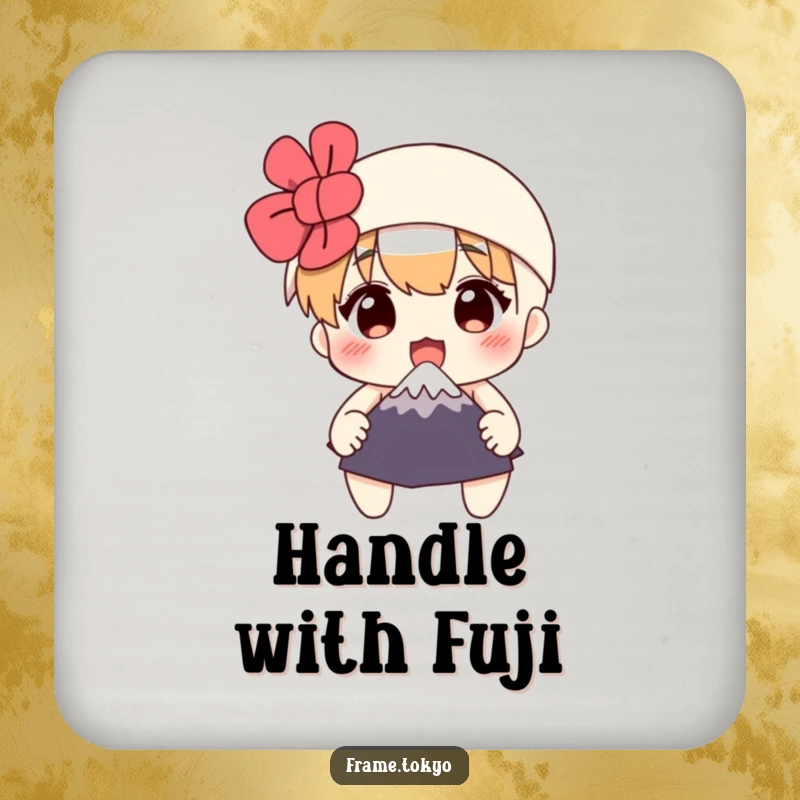 Funny drink coaster with a surprised character holding a miniature Mount Fuji, adding humor to tabletops and drink service.