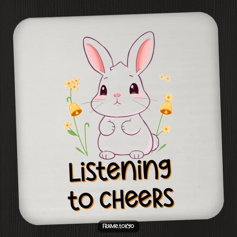Funny coaster design with a rabbit with perked ears, listening to the chime of tiny, bell-shaped flowers.