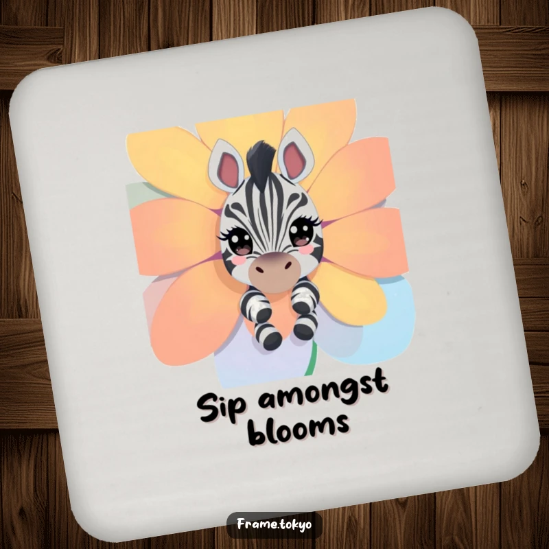 Funny zebra coaster; a curious zebra with sparkling eyes peeks around a flower, adding whimsical humor and protection.