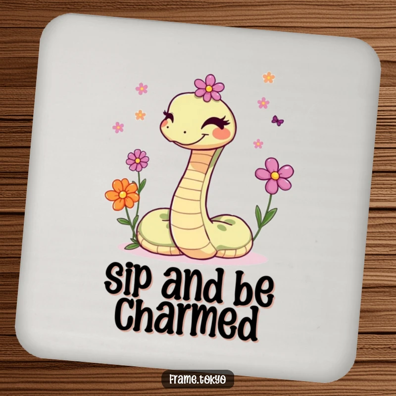 Funny drink coaster showcasing a winking snake expertly juggling a colorful array of small, vibrant flowers.