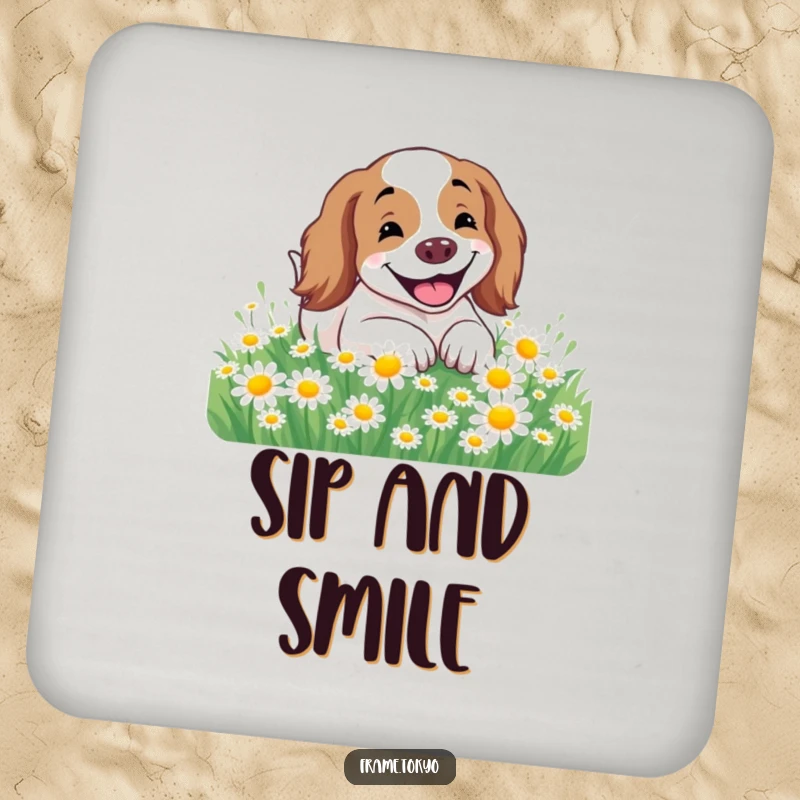Funny Spaniel Coaster showing a spaniel with a wide, happy smile rolling through a field of daisies, protecting surfaces humorously.