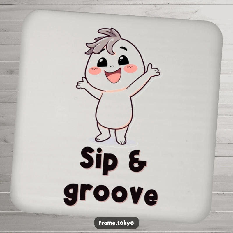 Funny coaster depicting a character with a huge smile, striking a comically silly dance pose.