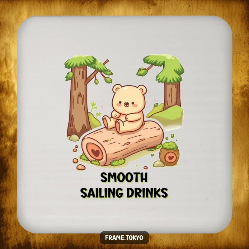 Funny bear drink coaster featuring a happy bear sliding down a mossy log, a humorous addition to any table.
