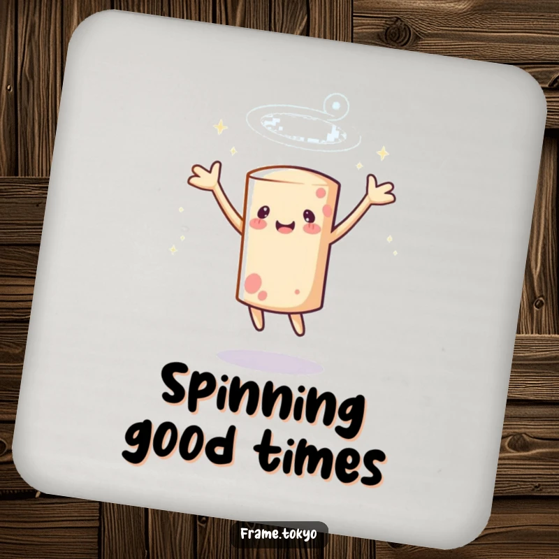 Funny cylindrical character drink coasters spinning with arms outstretched, surrounded by a sparkling halo, perfect for protecting surfaces.