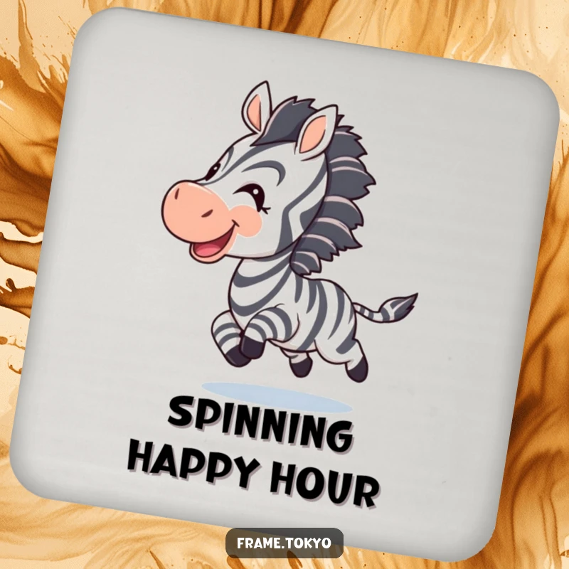 Funny zebra coaster; a joyful zebra chasing its tail adds playful humor and protection to any surface.
